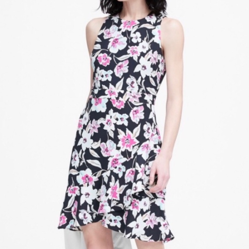 Banana Republic navy floral sleeveless dress romantic tiered ruffle size 6 NWT
